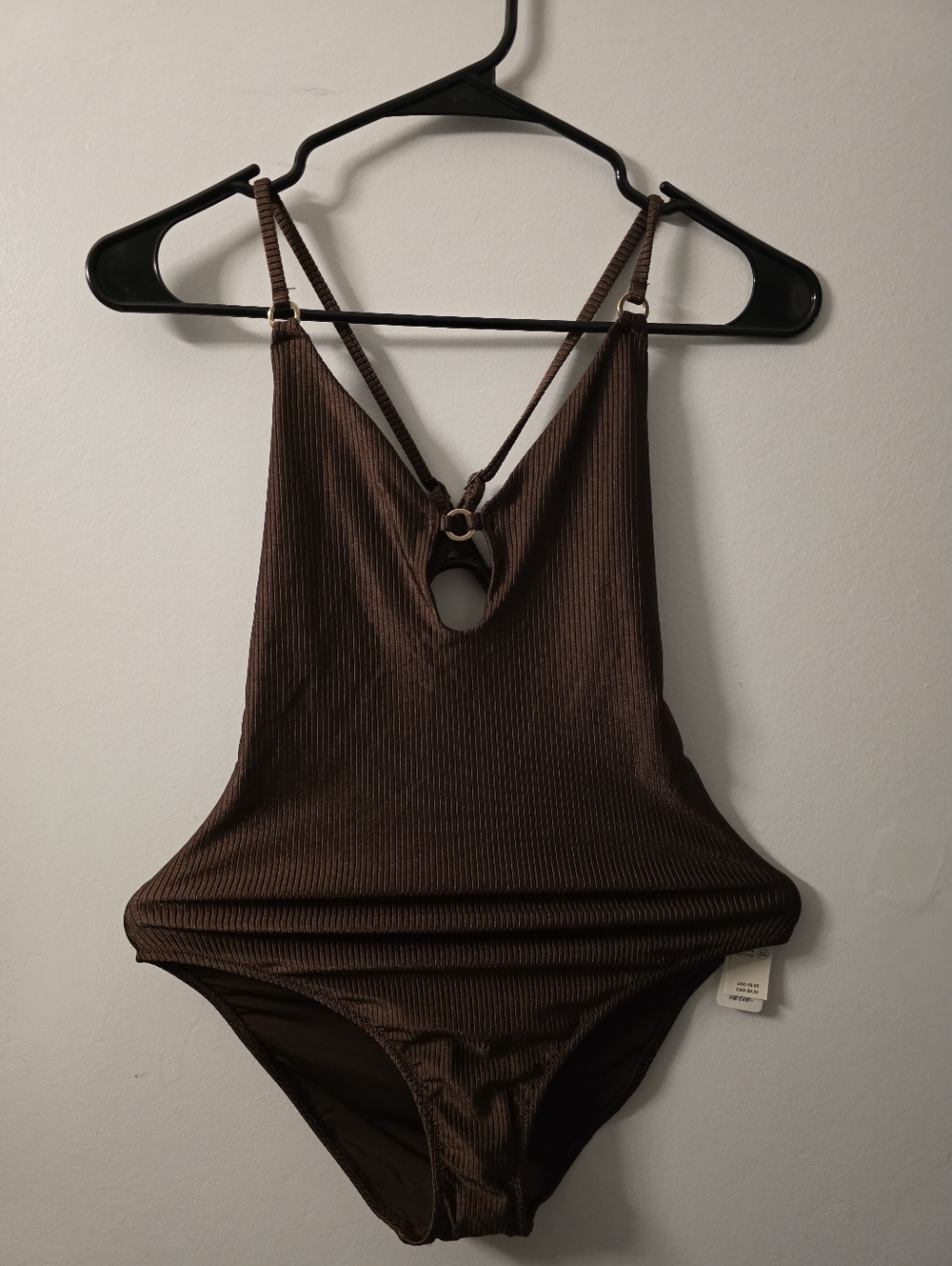 aeire Ribbed Brown One-Piece Swimsuit with Ring Detail Size Small L